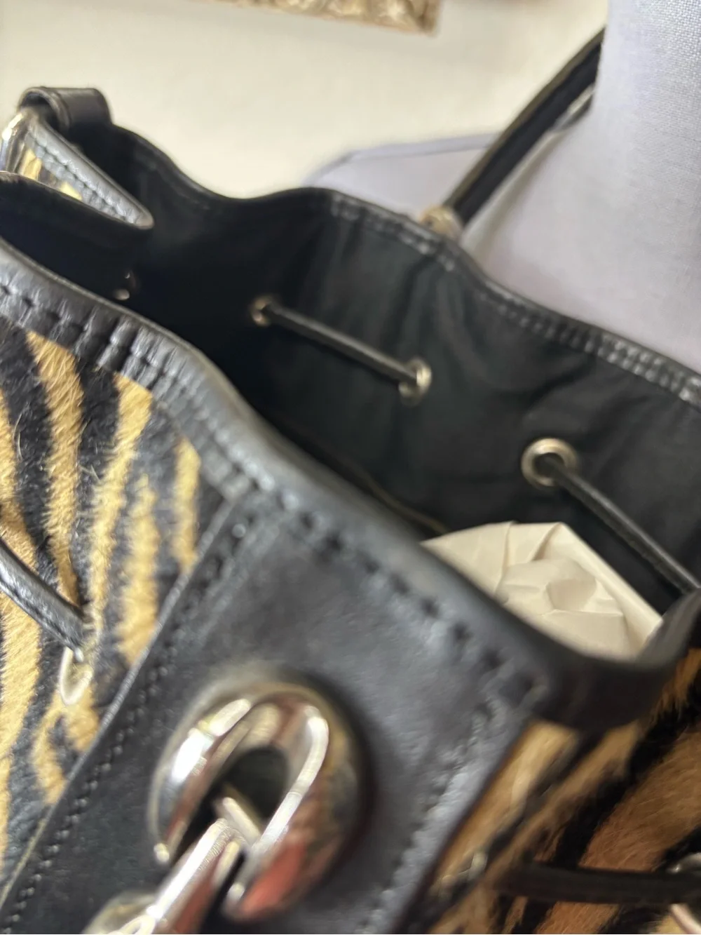 Valentina Black & Cream Zebra-Print Drawstring Bucket bag with Leather Trim
